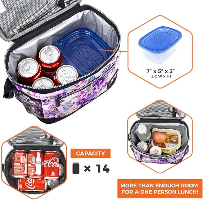 opux Insulated Lunch Box Men Women, Lunch Bag for Work School, Leakproof Soft Cooler Tote Adult, Large Lunch Pail Kids Boys Girls, Picnic Beach Food Bag with Shoulder Strap, Purple Floral
