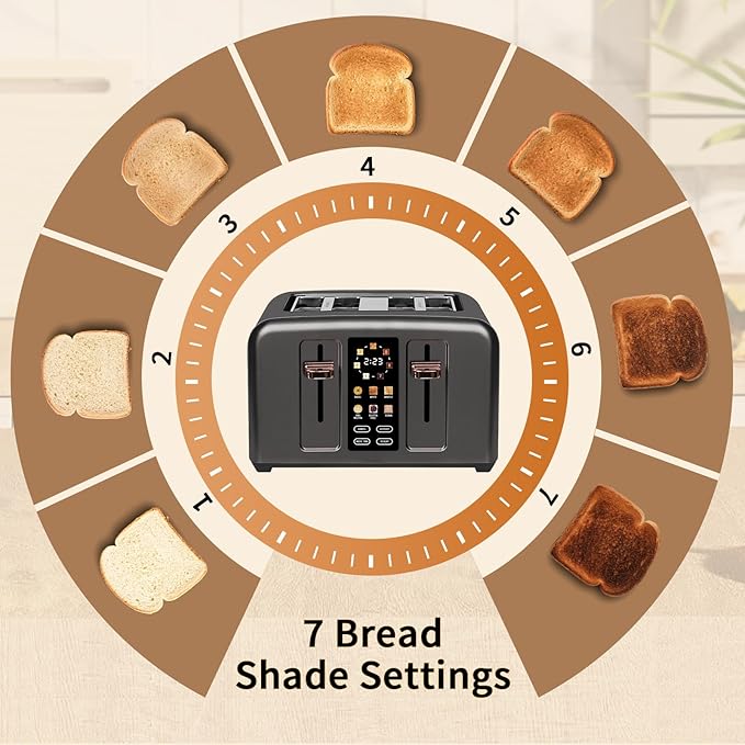 SEEDEEM Toaster 4 Slice, Full Touch control Toaster, LCD Display, 6 Bread Type, 7 Shade Settings, 1.4''Wide Slots，More Time Function, Removable Crumb Tray, 1800W, Dark Metallic