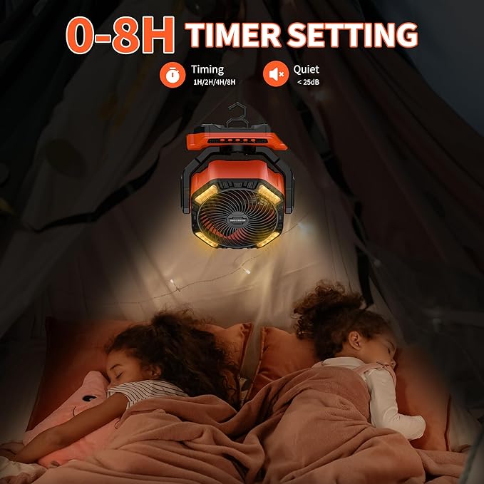 MORECORE 68HRS Running Camping Fan with Light, 20000mAh Battery Rechargeable, Powerful 4 Speeds & Auto Oscillating, with Timer & Hook, for Travel Tent RV Emergency Hurricane Jobsite Garage-Orange