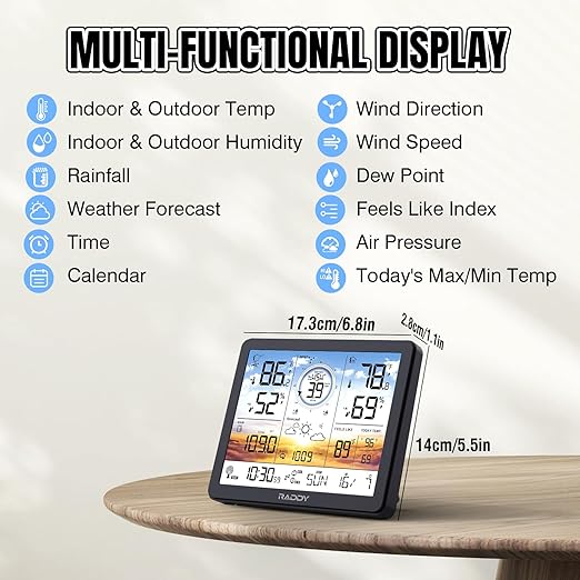 Raddy AG7 Weather Station Wireless Indoor Outdoor Thermometer, 7.4'' Digital Color Display Atomic Weather Clock, Temperature Humidity Monitor with Weather Forecast and Barometric Pressure
