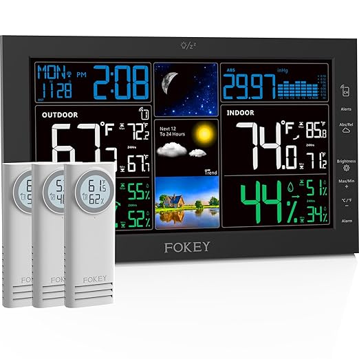 Weather Station Wireless Indoor Outdoor, Indoor Outdoor Thermometer Wireless, Home Atomic Clock Weather Stations, Digital Temperature Humidity Barometer Inside Outside Thermometers, Black+3 Sens