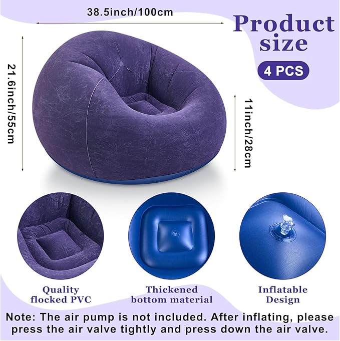 Realspring Inflatable Bean Bag Chairs Outdoor Blow up Camping Chairs Inflatable Lazy Sofa Folding Portable Bean Bag Loungers Couch for Movie Night(Blue,4 Pcs)