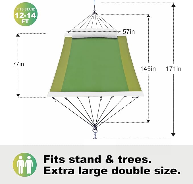 14ft Two Person Outdoor Hammock, Portable Camping with Folding Steel Spreader Bar, Carrying Bag, Carabiners, Tree Straps, Pillows, Quick Dry Textilene Fabric, 550 lbs Capacity (Jungle Green)