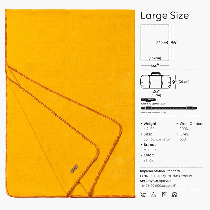 100% Wool Blanket, 62" x 86", Warm, Thick, Washable, Military Wool Blanket, Great for Camping, Outdoors, Sporting Events, Survival Kits, Yellow