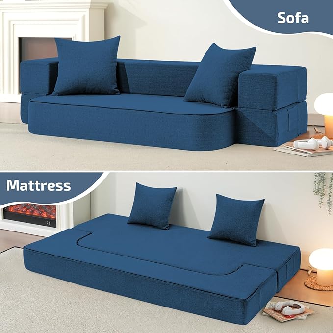 2-in-1 Folding Sofa Bed with Pillows - Folding Chair Floor Couch & Sleeping Mattress - Washable Cover & Memory Foam Sleeper Chair for Living Room/Guest Room/Apartment/Loft, Navy Blue, Twin