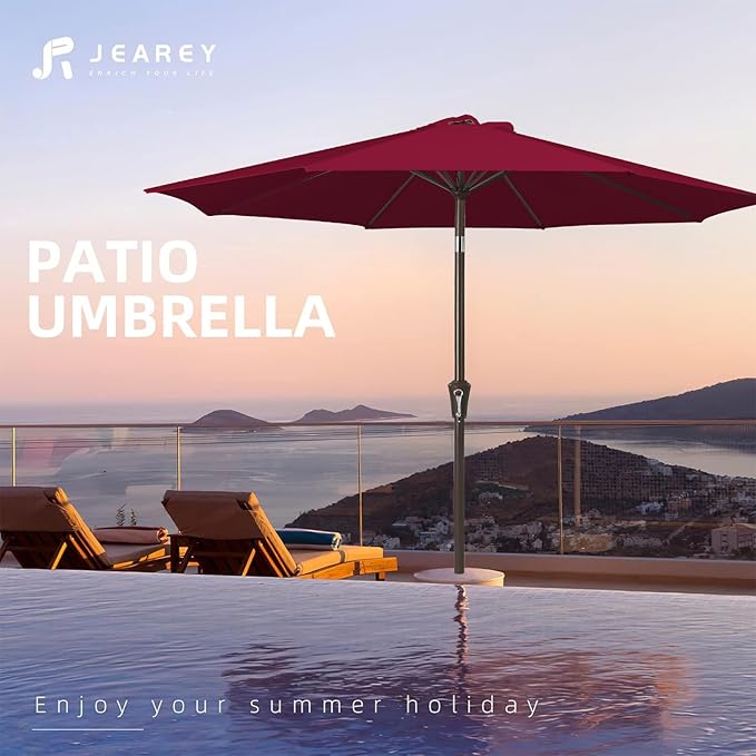 JEAREY 10FT Outdoor Patio Umbrella Outdoor Table Umbrella with Push Button Tilt and Crank, Market Umbrella 8 Sturdy Ribs UV Protection Waterproof for Pool, Garden (Wine Red)