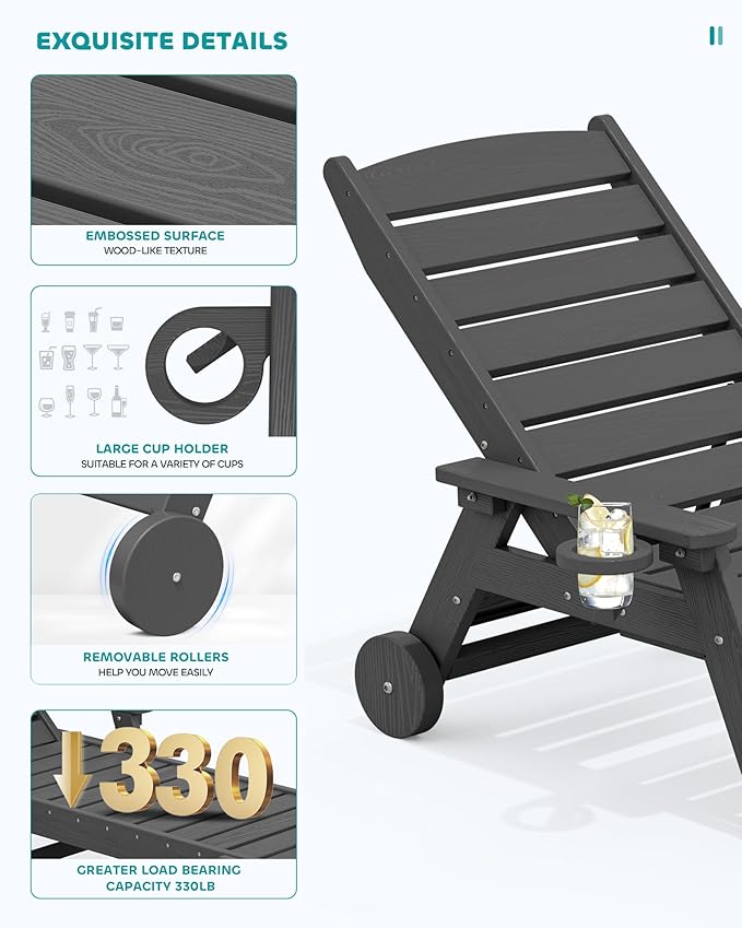 SERWALL Patio Chaise Lounge Chair, 78'' Long HDPE Outdoor Lounge Chair 5 Positions Adjustable Outdoor Lounger, Poly Lounge Chair with Rolling Wheels & Cup Holder for Pool, Slate Gray