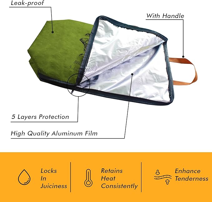 BBQ Blanket for Resting Meat, 5-Layer Insulated Meat Resting Bag for Moisture Retention and Perfect BBQ, Wide Mouth with Handle Design for Briskets, Pork Shoulders, Steaks (Gray Green, 21 Inch)