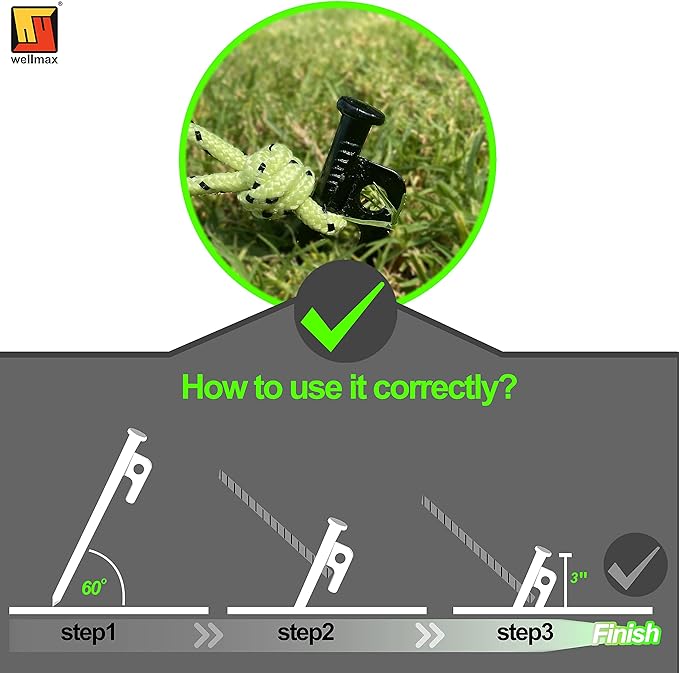 Wellmax 10PC Heavy Duty Tent Stakes with 2PC Glow in Dark Rope 3/16" x50ft and 1/4" x50ft (Black)