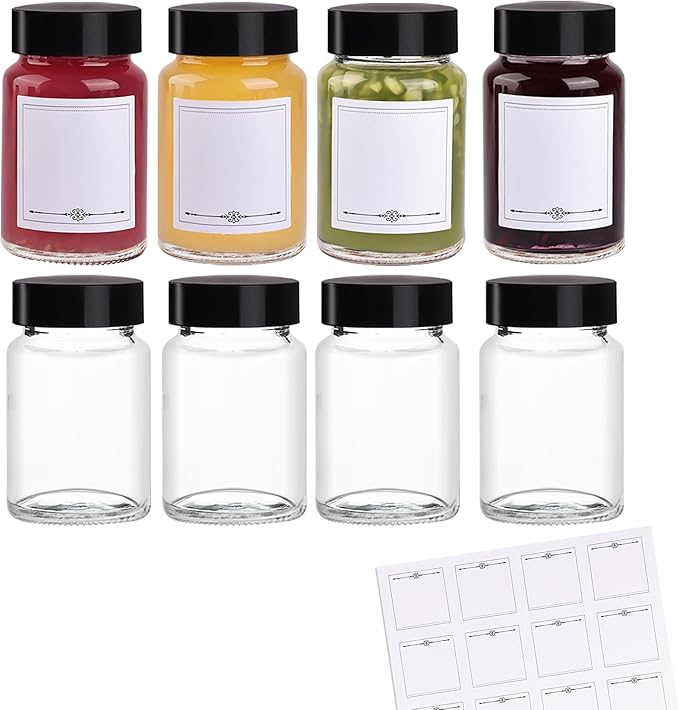 8 Pack 2 oz/60 ml Clear Glass Bottles with Black Caps & Labels, Small Glass Jar for Ginger, Wellness Shot, Juice, Sample, Leakproof Mini Travel Essential Bottles - Wide Mouth, Dishwasher Safe