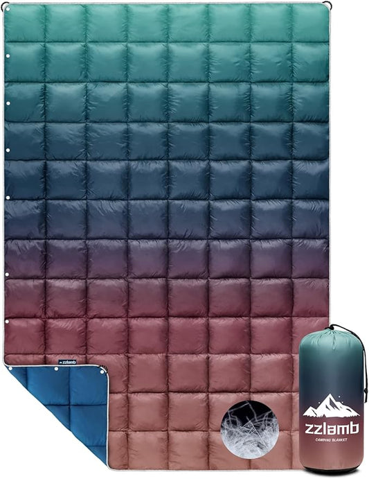 zzlamb Puffy Down Camping Blanket Water-Repellent, Down Throw Travel Blanket Portable for Outdoor, Light Warm Quilt for Couch Plane Car Theater Stadium Picnic RV Backpacking Hammock