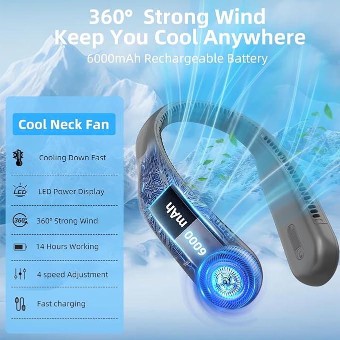 Portable Neck Fan,Gift Ideas,Personal Wearable Bladeless Fan,360° Cooling,LED Display,4-Speeds,6000mAh Rechargeable,Powerful Wind,Outdoor Travel Camping,Birthday Gifts for Men Women (Dark grey)