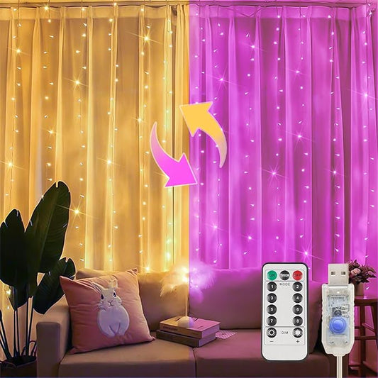 suddus Color Changing Curtain Lights, 200 Led 6.5ft x 6.5ft Hanging String Lights Outdoor, Fairy Curtain Lights for Bedroom, Window, Wall, Wedding, Party, Birthday Decor Warm White & Fuchsia