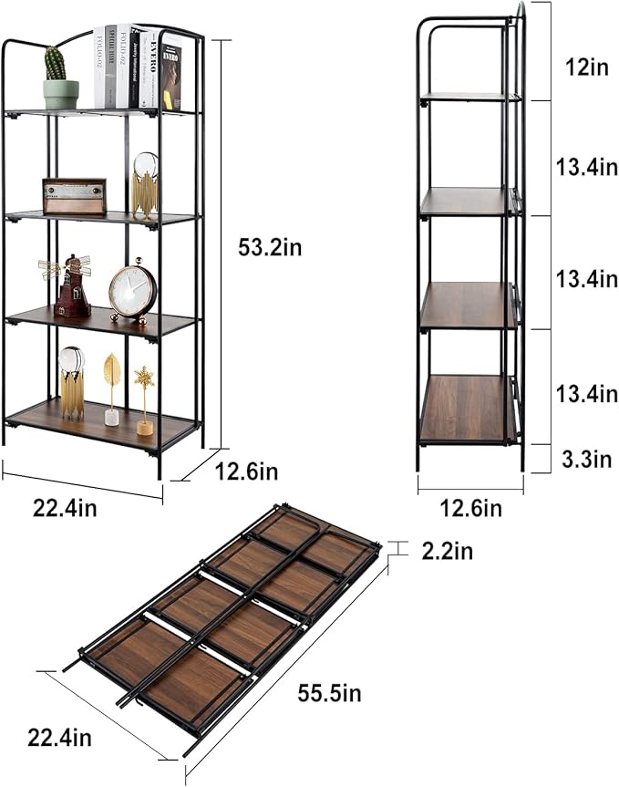 Crofy No Assembly Folding Bookshelf for Living Room, 4 Tier Black Collapsible Book Shelf for Home Office, Portable Bookcase Storage Organizer