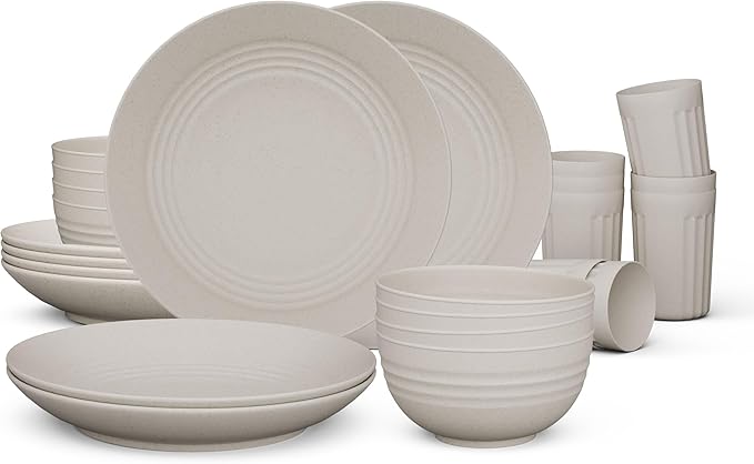 Fern & Soul Wheat Straw Dinnerware Sets, Dish Set for 8, 24 pcs with Storage Bag. Unbreakable, Dishwasher Safe, Kitchen Plastic Plates Bowls Sets, College Dorm, RV Camping Dishes Plate Set (Beige)