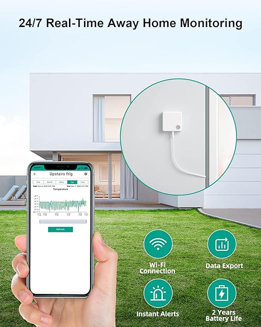 WiFi Thermometer Freezer Alarm, Email Alert, App Notification, Data Record Export, No Subscription Fee, 2 Remote Wireless Temperature Sensors for Refrigerator, Freezer, Hot Tub