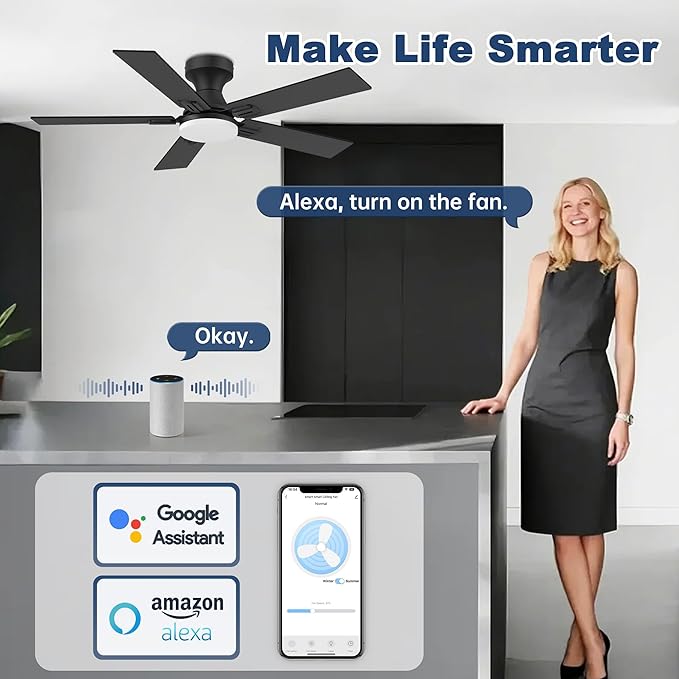 42" Smart Low Profile Ceiling Fan with Lights Remote,6 speed Quite DC Motor,WIFI Voice Control via Alexa App,Dimmable LED,Outdoor Indoor Flush Mount Fans for Small Bedroom Patio Porch,Black&Walnut