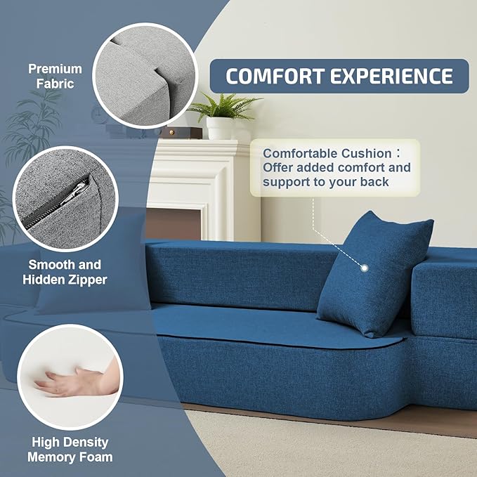 2-in-1 Folding Sofa Bed with Pillows - Folding Chair Floor Couch & Sleeping Mattress - Washable Cover & Memory Foam Sleeper Chair for Living Room/Guest Room/Apartment/Loft, Navy Blue, Twin XL