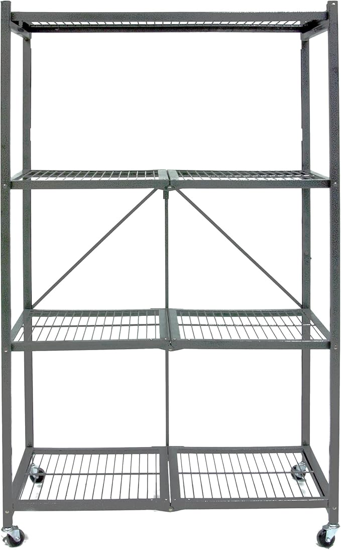 Origami 2-Pack R5 Series Foldable 4-Tier Steel Storage Rack, Pewter – Heavy-Duty Metal Shelving Unit w/ Removable Wheels for Laundry Room or Garage – Rolling Organizer for Home, Office & Warehouse
