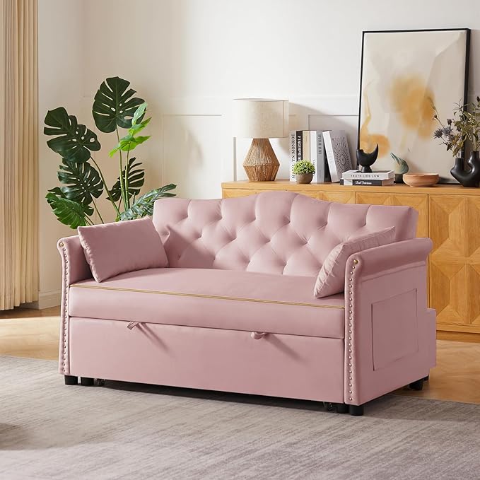58" Velvet Sofa Bed, 3-in-1 Convertible Pull-Out Sleeper Sofa & Couch with Storage Bag and Adjustable Backrest,Perfect for Small Spaces, Living Room, or Office