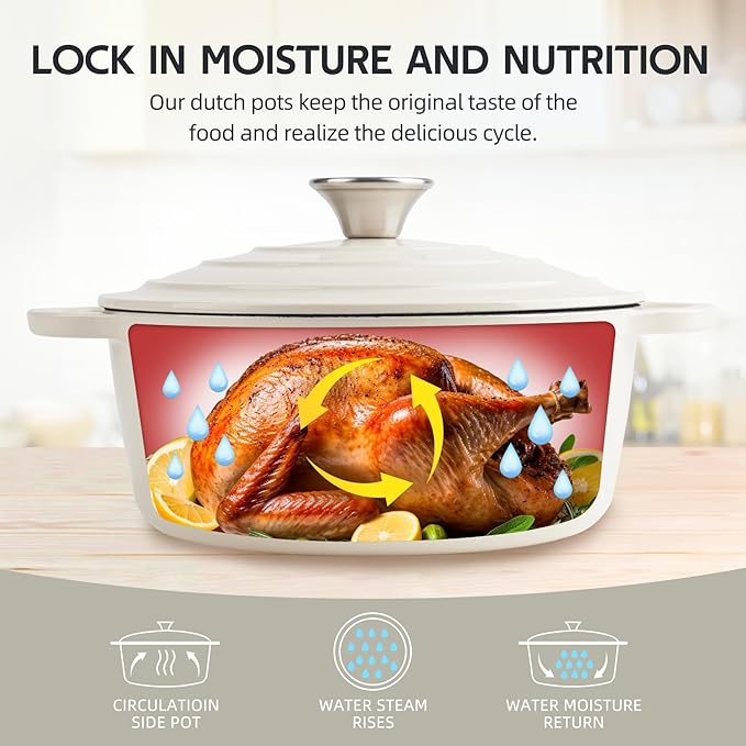 4.5 Quart Dutch Oven Enameled Cast Iron with Lid - Big Dual Handles - Oven Safe up to 500°F - Classic Round Pot for Versatile Cooking Cream