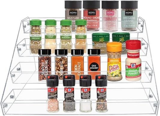 PMMASTO Tiered Spice Rack, Seasoning Organizer, Clear Acrylic Vertical Shelves Can Organizer for Countertop, Cabinet, Pantry, Kitchen Organization and Storage - 4 Tier