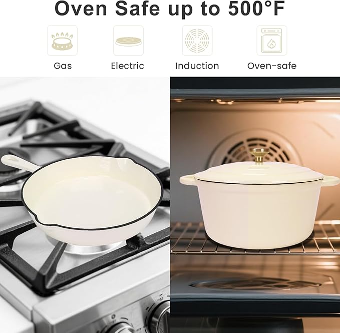 QuliMetal Enameled Cast Iron Cookware Set, 5-Piece – 2.3QT Dutch Oven, 4.7QT Braiser, 10" Skillet, 9x5" Oval Bread Pan & Rack – Versatile Oven-Safe Enamel Cast Iron Pots and Pans for Home Cooking