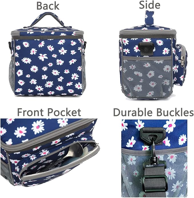 FlowFly Insulated Reusable Lunch Bag Adult Large Lunch Box for Women and Men with Adjustable Shoulder Strap,Front Zipper Pocket and Dual Large Mesh Side Pockets,Daisy
