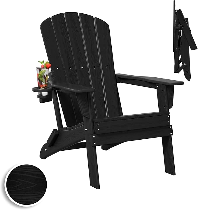 Folding Adirondack Chair, SGS Tested, Wooden Textured with Cup Holder, Heavy All-Weather HDPE Comfortable Set Poolside Backyard Lawn Black