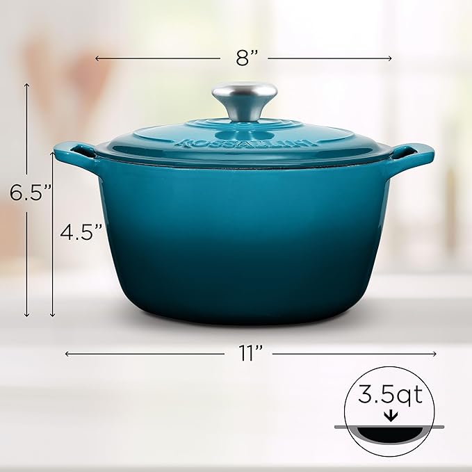 Signature Enameled Cast Iron Dutch Oven, Non-Stick Serving Pot with Tight Fitting Lid for Perfect Roasting, Baking, Sauteing, and Bread Making | 3.5Q (3.3L) - Ocean Blue