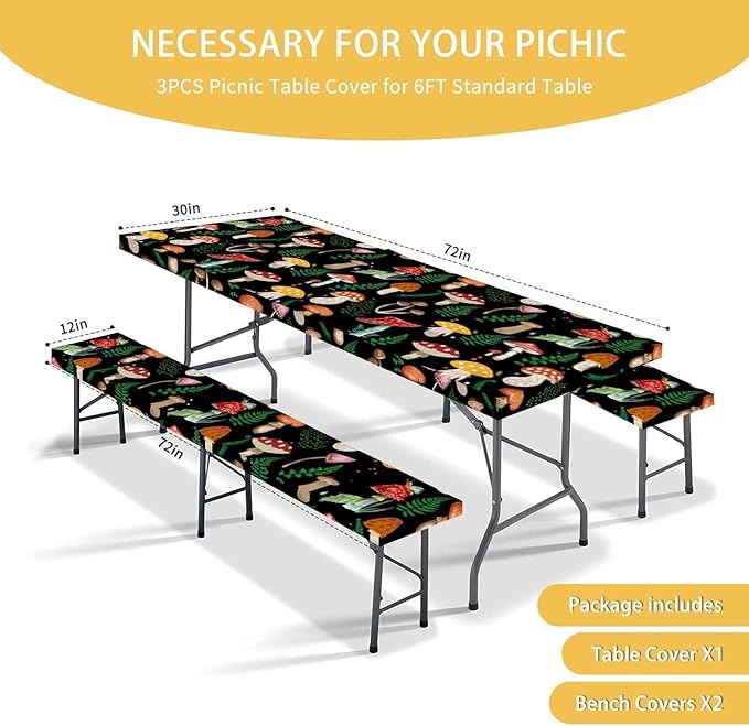 JAWO Black Picnic Table Cover with Bench Covers Elastic Edges Camping RV Essentials Waterproof Windproof Outdoor Fitted Tablecloth Rectangle Camping Tables and Seats, 30x72in