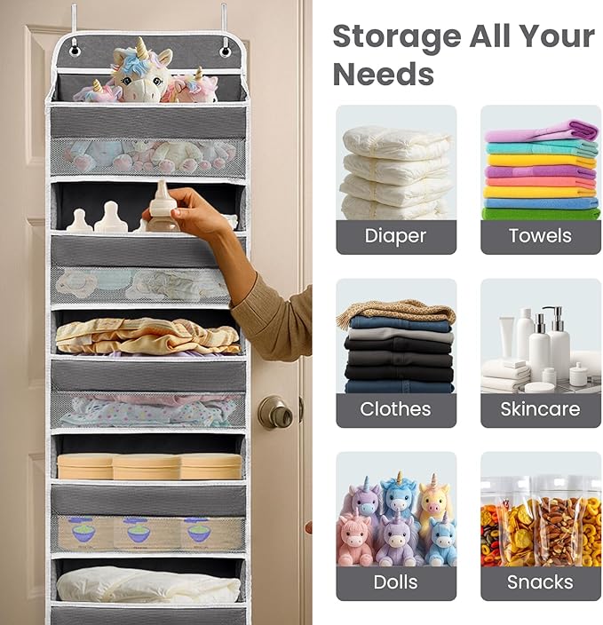 Over The Door Organizer with 8 Side Mesh Pockets, 44lb Weight Capacity Hanging Behind The Door Bathroom Organizers and Storage Suitable for Storing Toys, Shoes, Towels, Dark Grey, 5 Shelf