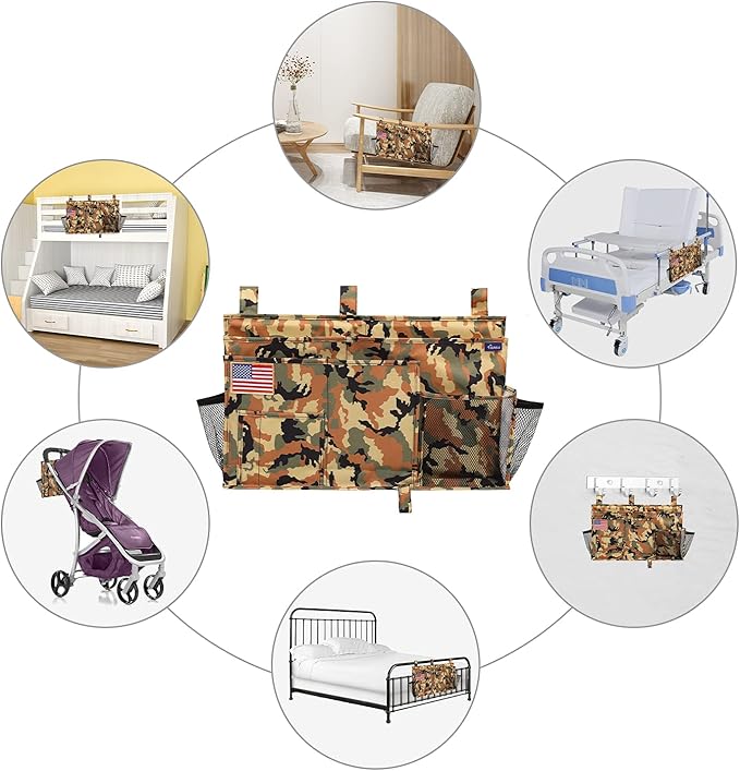 Surblue Bedside Caddy Hanging Organizer Storage Bag Pocket for Bunk, Hospital, College Dorm Rooms, Baby Bed Rails, Camp - 8 Pockets (Large, Desert)