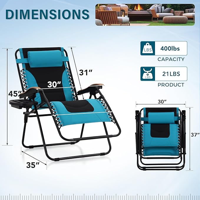 MFSTUDIO Zero Gravity Chairs, Oversized Patio Recliner Chair, Padded Folding Lawn Chair with Cup Holder Tray, Support 400lbs, Pacific Blue