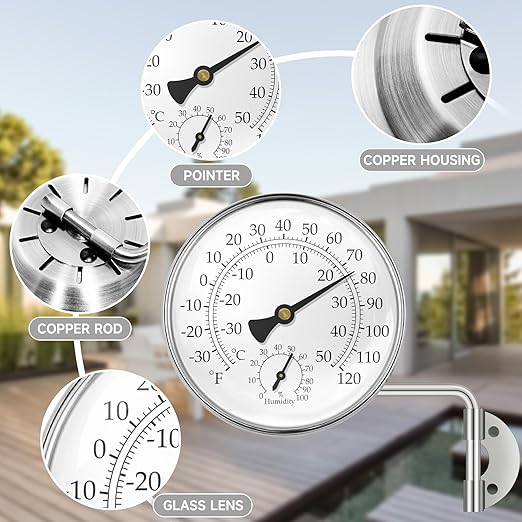 4" Swivel Thermometer Outdoor Thermometer, Decorative Weather Thermometer Hygrometer for Kitchen Window, Patio, Greenhouse and Garage (Silver)