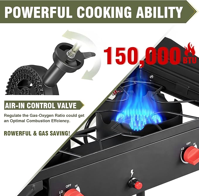 Bestfire 2 Burner Camping Stove with Windpanel& Side Shelves, Bag, Auto Ignition Button,Regulator,150,000 BTU Camping Stove Propane Burner With Removable Legs for Outdoor BBQ&Backyard