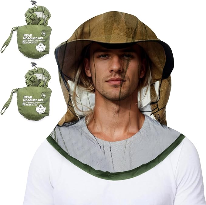 Benvo Mosquito Head Net Mesh One Piece Face Neck Fly Netting Cover from Bugs Gnats Noseeums Hat-Compatible Insect Shield for Fishing, Camping, Gardening (2pcs, Olive, Upgraded Big Net)