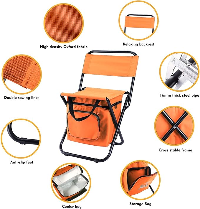 LEADALLWAY Fishing Chair with Cooler Bag Compact Fishing Stool Foldable Camping Chair