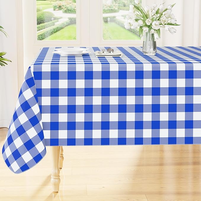 Smiry Rectangle Table Cloth, Waterproof Vinyl Tablecloth with Flannel Backing, Wipeable Buffalo Plaid Table Cover for Dining, Indoor and Outdoor (Blue & White, 60"x102")