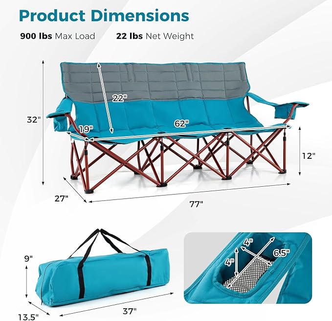 Tangkula 3 Person Oversized Camping Chair, Fully Padded Folding Camp Chair with Adjustable Armrests, Cup Holders, Carrying Bag, Portable Outdoor Lawn Chair for Camping, Support 900LBS