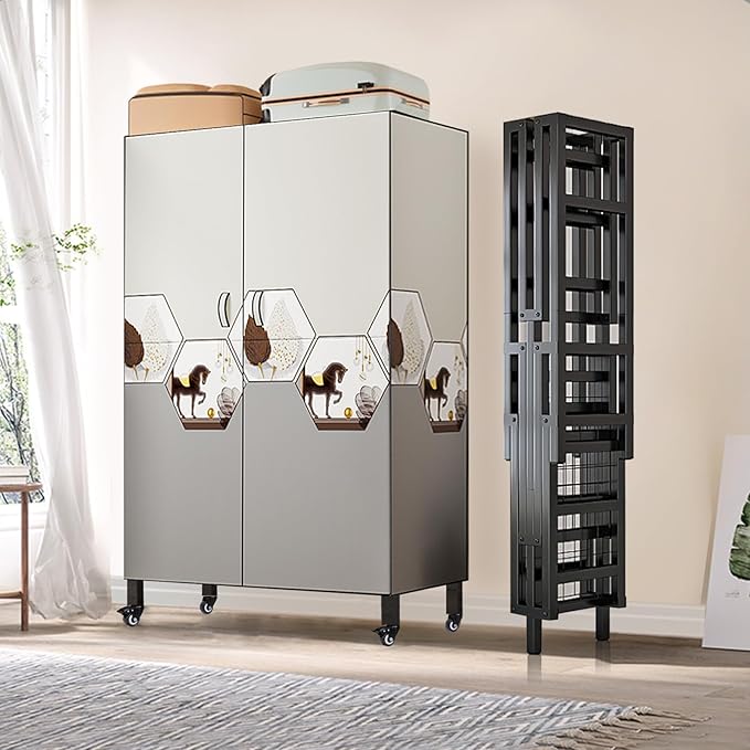 FPIGSHS Heavy Duty Clothes Rack with Magnetic Door 2000LBS Foldable Portable Wardrobe Closet for Hanging Clothing Rolling Garment Rack on Wheels for Bedroom Closet System (C(Pattern Door, 33.4in)