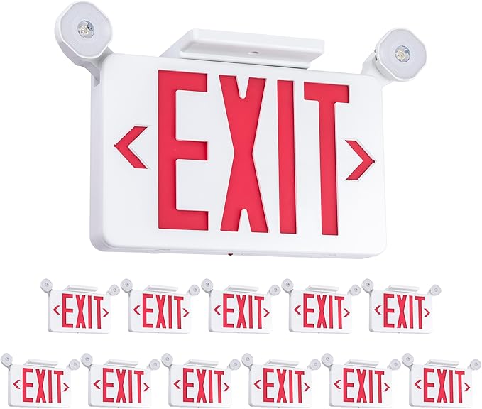 Gruenlich Red Exit Sign with Emergency Lights, 2 Adjustable LED Heads and Backup Battery, UL 924, AC 120/277V, Commercial Hardwired Exit Light for Business, 12 Pack
