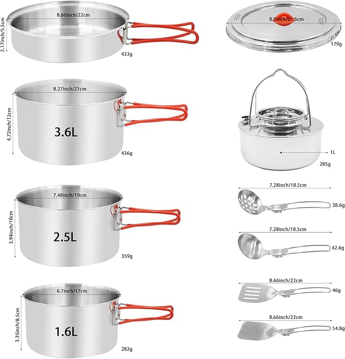 8.7"x8.7"x5" Large Capacity Compact 11 Pcs 4 to 8 People Stainless Steel Camping Cooking Cookware Sets with Utensils and Kettle, Outdoor Mess Cooking Kit with Carrying Bag