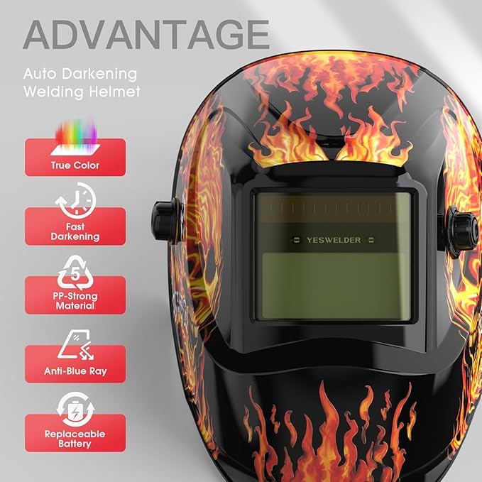 YESWELDER Auto Darkening Welding Helmet, Blue Light Blocking, 1/1/1/1 True Color Solar Powered Welding Hood with 2 Arc Sensors, Wide Shade 3.5/9-13 Welder Mask for TIG MIG ARC and Grind
