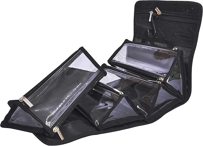 Large Capacity Hanging Eco Polyester Travel Toiletry Bag Makeup Cosmetic Bag 4-in-1 Roll-Up Make Up Storage Organizer With 4 detachable Removable Zipper Clear TPU Pouches & Hook