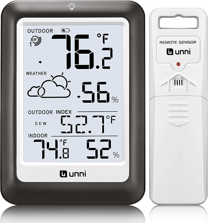 Indoor Outdoor Thermometer Wireless Weather Station, Temperature Humidity Monitor Battery Powered Inside Outside Thermometers with 330ft Range Remote Sensor and Backlight Display（Metal Black）