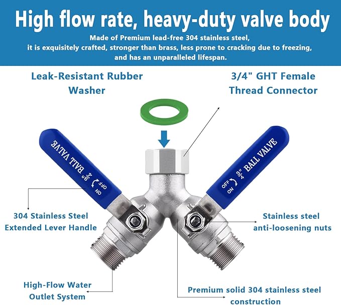 304 Stainless Steel Garden Hose Splitter 2 Way Heavy Duty, Full Flow Y Valve Water Hose Splitter With Long Handle, Lead-free，3/4" GHT Thread