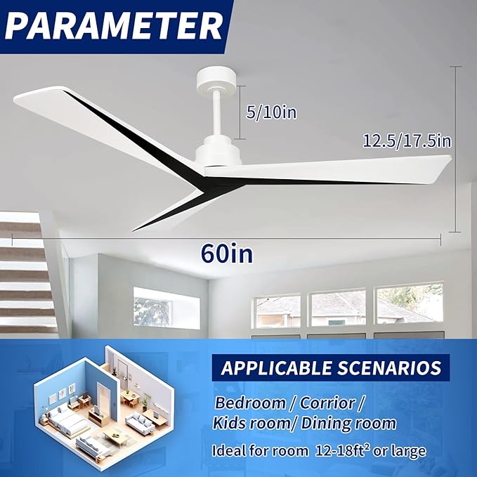 60" Ceiling Fan no Light with Remote,Modern Wood Ceiling Fans for Patios Bedroom Farmhouse,3 Blade Outdoor Ceiling Fan whitout Light with 6 Speeds and Timer,Black White Walnut+White