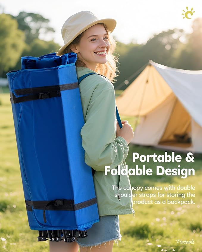 CLIPOP Double Camping Chair with Canopy, Portable Outdoor Folding Chair with Cup Holders, Side Pocket, Oversized Beach Chair with Canopy Shade for Lawn Patio Hiking, Blue