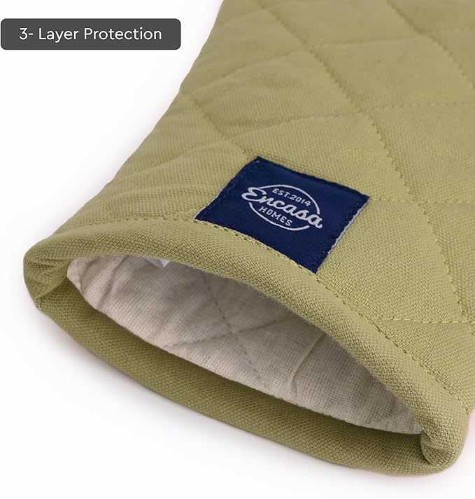 Encasa XO Heat Resistant Cotton Oven Gloves Mitts (2 Pc Set) - Quilted & Safe 12x6.6 in - for Kitchen, Cooking & Baking, Grilling, Handling Hot Pots & Pans - Sage & Coral